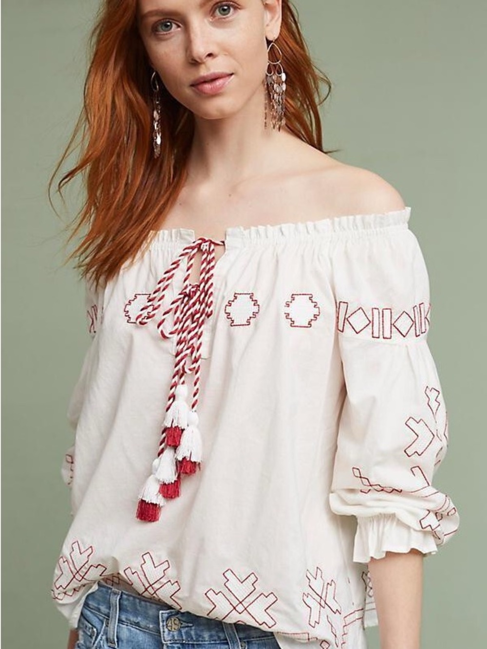 Anthropologie Boho Off-Shoulder Embroidered Peasant Top in White and Red